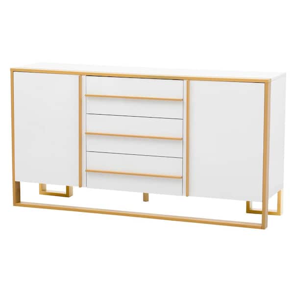 Nestfair White Wood 59 in. W Sideboard with Storage Space and Gold Metal Legs