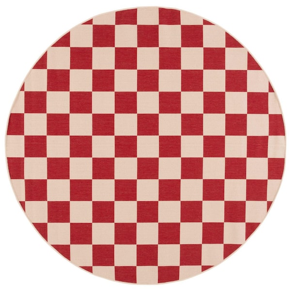 Courtyard Red/Beige 3 ft. x 3 ft. Checkered Indoor/Outdoor Round Area Rug