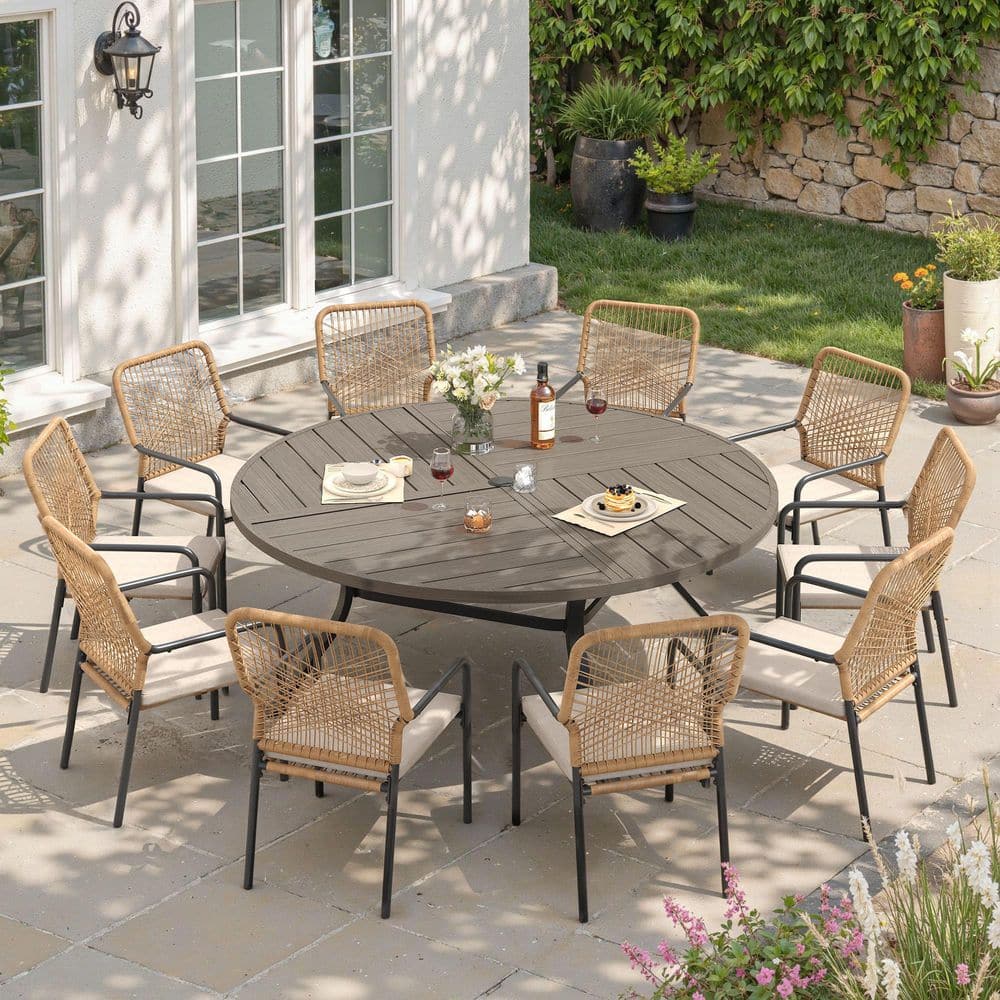 11-Piece Metal Outdoor Dining Set with 63 in. Gray Wood-Like Round Table and 10 Woven Rattan Chairs with Beige Cushions price history on PriceWatchPro