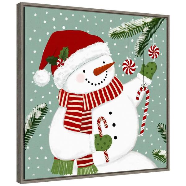 Framed Canvas Art (Champagne) - Christmas Snowman Square by Terry Fan (styles > Decorative Art > Holiday Décor > Christmas > Snowman art) - 26x26 in