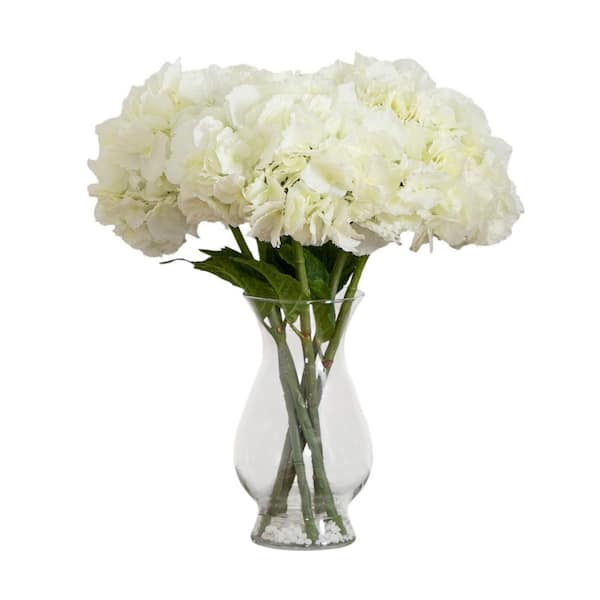 Nearly Natural 20 in. White Artificial Hydrangea Arrangement in Glass Vase