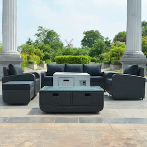 Annie Black 6-Piece Wicker Patio Fire Pit Conversation Sofa Set with Beige Cushions