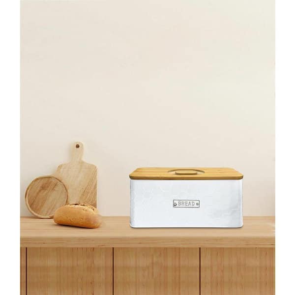 Lynzavix 1-Piece White Metal Bread Box with Bamboo Cutting Board