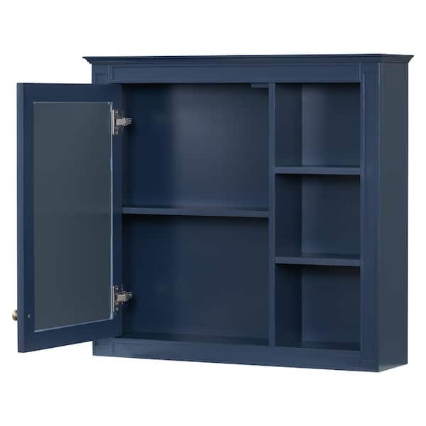 30 in. W x 7.32 in. D x 28 in. H Wall Mounted Bathroom Storage Cabinet in Blue with Mirror and 3 Open Shelves