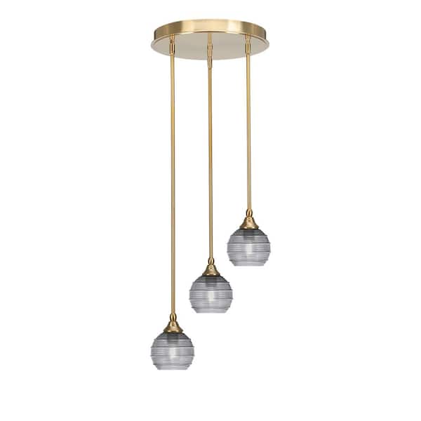 Unbranded Villa 60-Watt in. 3 Light New Age Brass Stem Pendant Light with 6 in. Smoke Ribbed Glass Shade, No bulbs included
