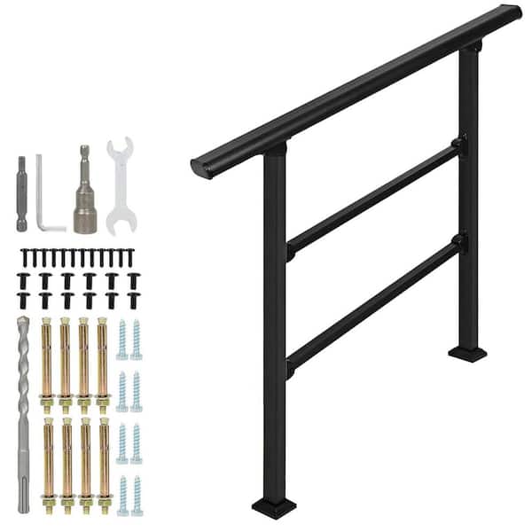 3-Step Black Wrought Iron Outdoor Stair Railing Kit with Plastic End Caps for 2 to 3 Steps, Easy Installation