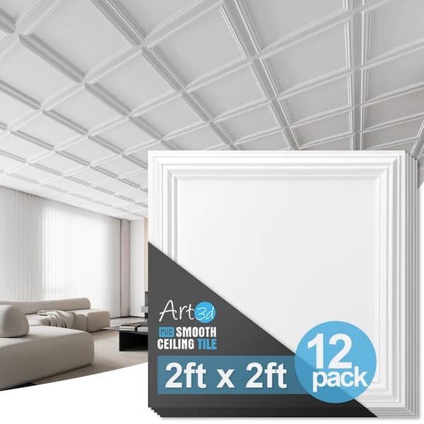 White 2ft. x 2ft. Modren PVC Drop In Ceiling Tile, Decorative Glue Up Ceiling for Interior Wall Decor (48sq.ft./case)