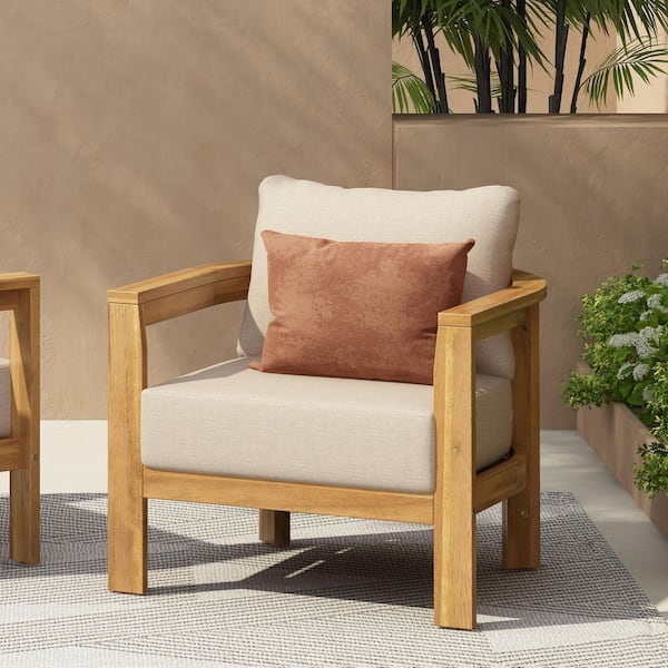 CHRISTOPHER KNIGHT HOME Ricardo Light Teak Finish Solid Wood Patio Outdoor Lounge Chair with Beige Cushions and Tub Design