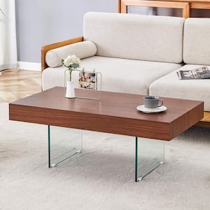 39.3 in. Transparent, Walnut Rectangle MDF Coffee Table with Tempered Glass Legs