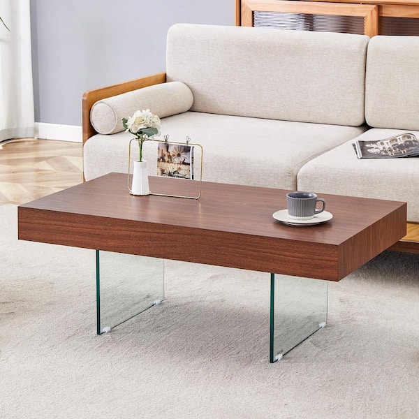 Polibi 39.3 in. Transparent, Walnut Rectangle MDF Coffee Table with Tempered Glass Legs