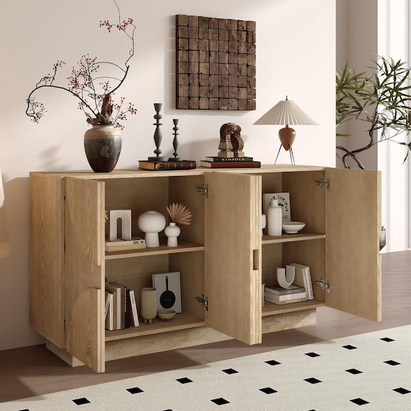 Natural MDF Wood Sideboard Buffet Cabinet with Semi-Circular Handles and Adjustable Shelves