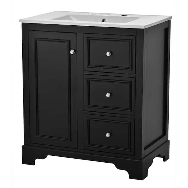 30 in. Freestanding Bath Vanity in Black with White Ceramic Single Basin Top and Mirror 3 Drawers, Adjustable Shelves