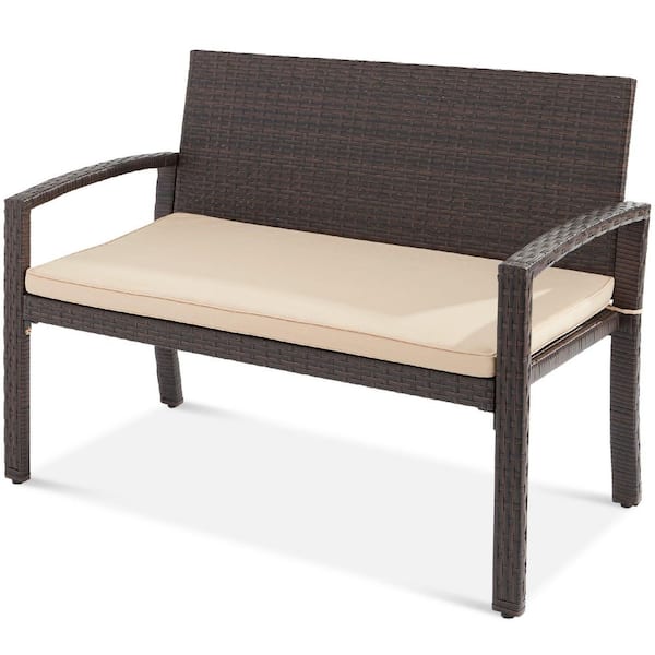 Unbranded 47 in. 2-Person Brown Wicker Outdoor Bench with Tan Cushion