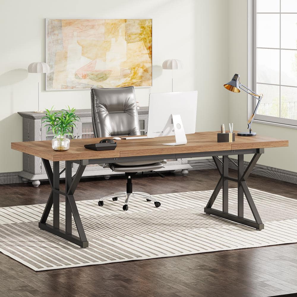 Capen 70.8 in. Rectangular Light Brown and Black Engineered Wood Executive Desk Computer Desk for Home Office - Thumbnail 2