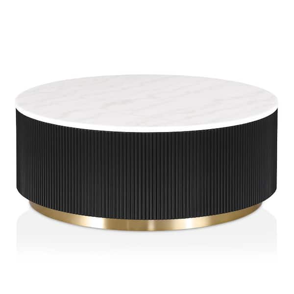 Keith 35 in. Black and White Round Marble Top Coffee Table with Gold Accent Reeded Plinth Base