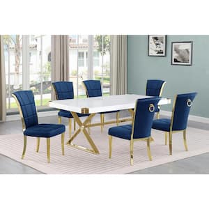 Miguel 7-Piece Rectangle White Wood Top Gold Stainless Steel Dining Set with 6 Navy Blue Velvet Chairs