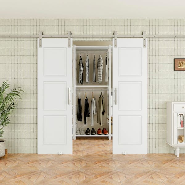 48 in. x 80 in. Waterproof Paneled 3-Lite White Primed MDF Sliding Barn Door with Hardware Kit (Nickel)