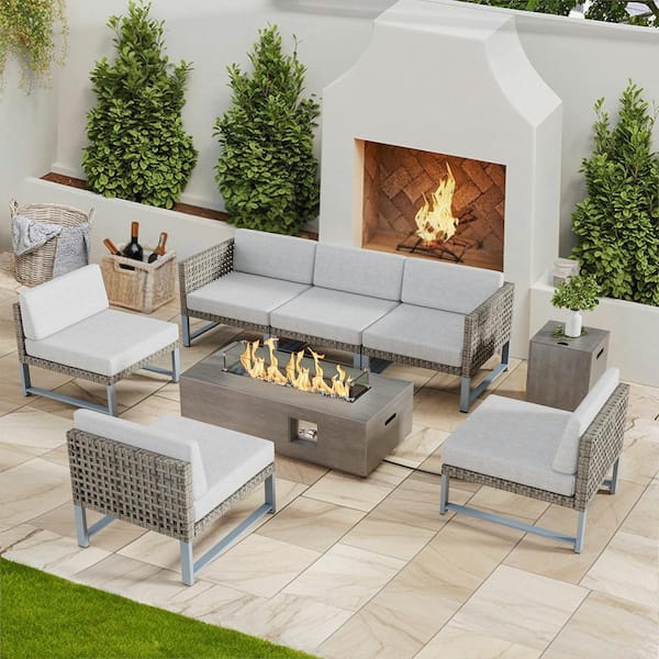eVita 7-Piece Brown Wicker Outdoor Patio Conversation Set in Light Gray Cushion with 42 in. Propane Fire Pit Table