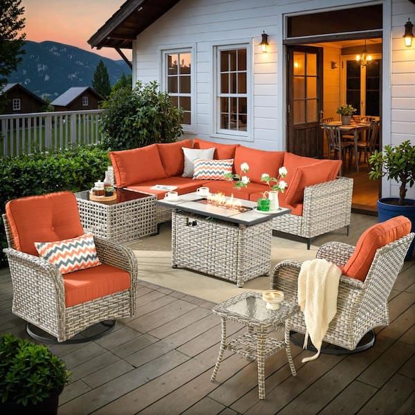 OVIOS Vinceny Gray 9-Piece Wicker Patio Rectangle Fire Pit Conversation Set with Orange Red Cushions and Swivel Chairs