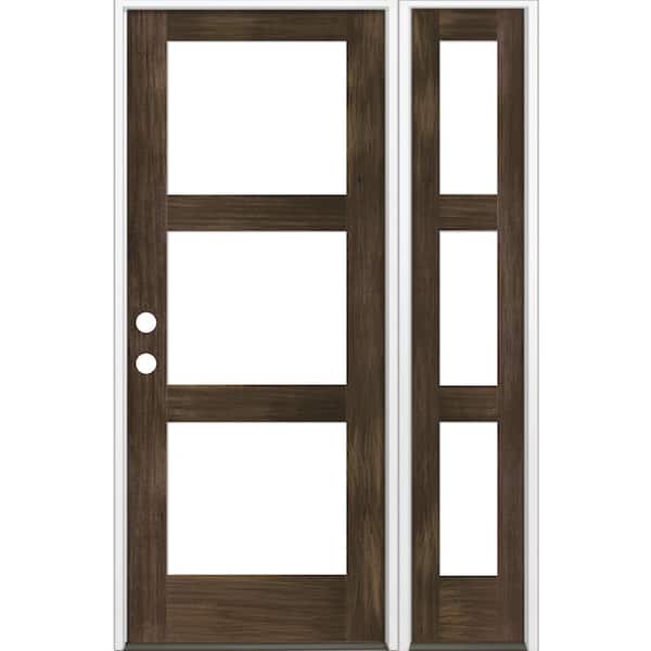46 in. x 80 in. Modern Hemlock Right-Hand/Inswing 3-Lite Clear Glass Black Stain Wood Prehung Front Door with Sidelite