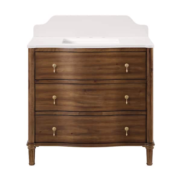 Guildhall 37 in. Single Sink Freestanding Bathroom Vanity in Warm Walnut with White Quartz Top (Assembled)