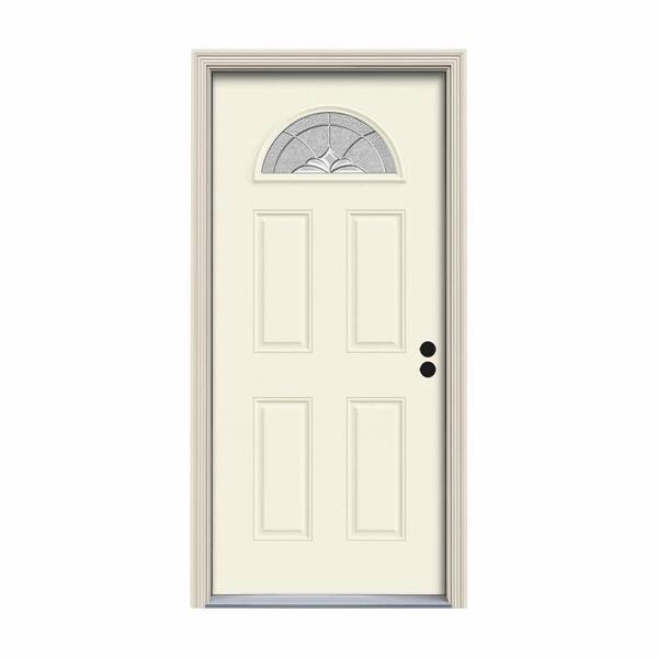 JELD-WEN 36 in. x 80 in. Fan Lite Langford Vanilla Painted Steel Prehung Left-Hand Inswing Front Door w/Brickmould
