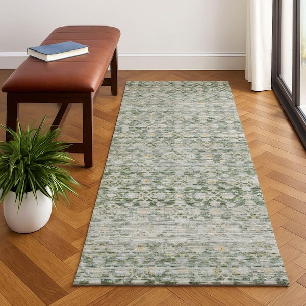 Mayfield Premium Machine Washable Abstract AMF1747 Green 2 ft. 3 in. x 7 ft. 6 in. Runner Rug