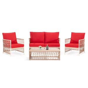 4-Piece Yellow Wicker Outdoor Sectional Set with Red Cushions and Table