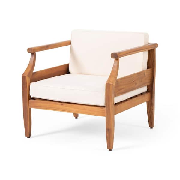 Brown Acacia Wood Outdoor Lounge Chair with Cream Cushions(1-Pack)