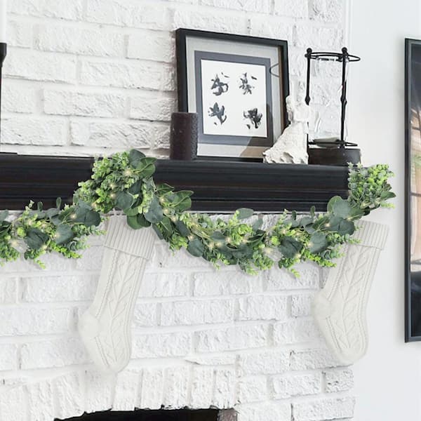 6 ft. Deluxe Frosted Green Artificial Mixed Eucalyptus Leaf Vine Hanging Plant Greenery Foliage Garland with LED Lights