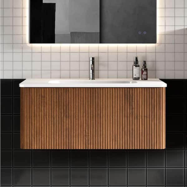 FAMYYT 36 in. W x 18 in. D x 15.6 in. H Single Sink Floating Bath Vanity in Walnut with White Ceramic Top, U-Shape Wall Fitting