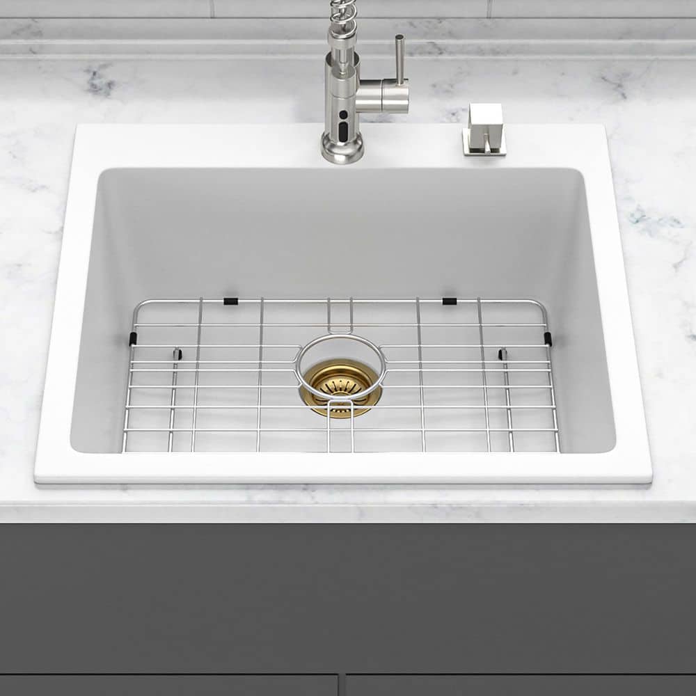 25 in. Drop-In Single Bowl White Quartz Kitchen Sink with Bottom Grids