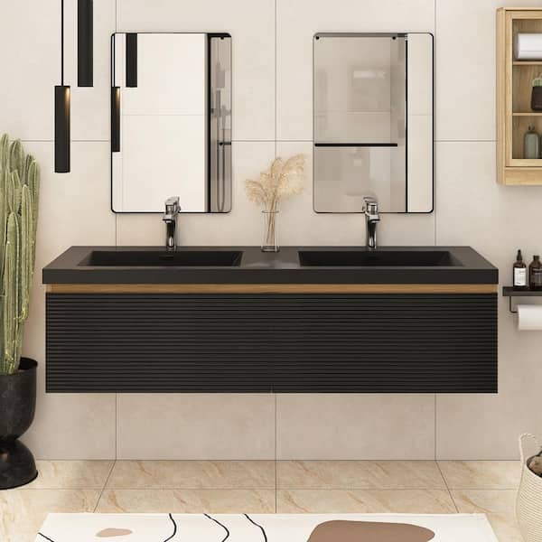 60 in. Double Sink Wall Mount in Mature Oak Bath Vanity with Black Cultured Marble Top Unassembled