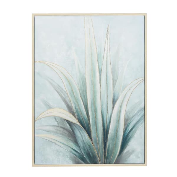 Litton Lane 1- Panel Leaf Agave Framed Wall Art with Beige Frame 47 in. x 36 in.