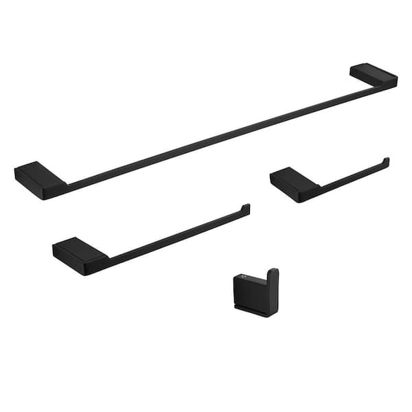 taholi Stainless Steel 4 Piece Bath Hardware Set with Robe Hook, Single Post Toilet Paper Holder and Towel Bar in Matte Black