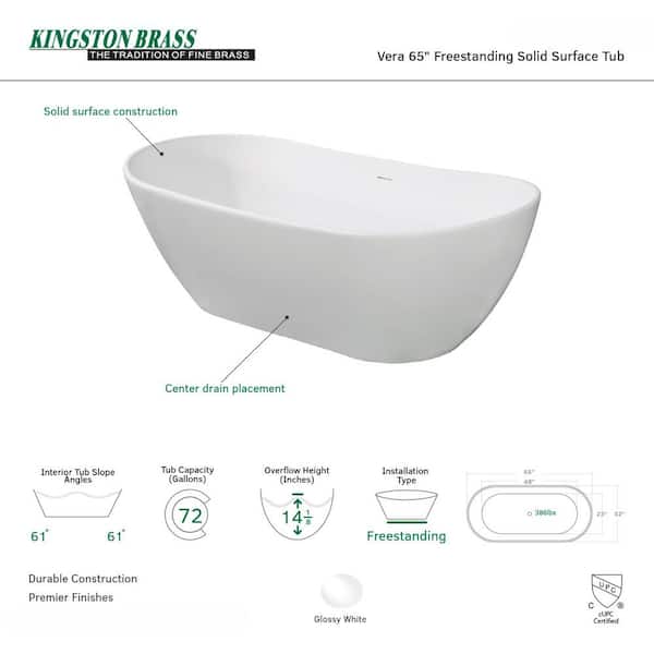 Vera 64.6 in. Solid Surface Flatbottom Freestanding Bathtub in White