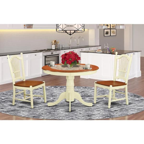 East West Furniture 3-Piece Buttermilk and Cherry Solid Wood Top - Dining Room Set - Seats 4