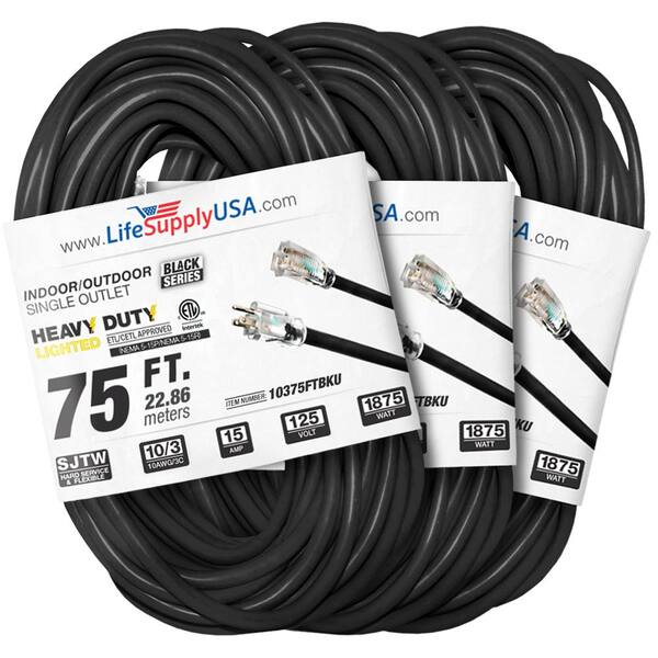 LifeSupplyUSA 75 ft. 10 Gauge/3 Conductors SJTW Indoor/Outdoor Extension Cord with Lighted End Black (3-Pack)