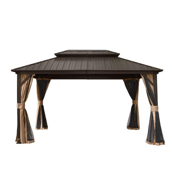 10 ft. x 12 ft. Brown Aluminum Metal Gazebo with Galvanized Steel Double Roof Canopy Permanent Gazebo Pavilion for Party