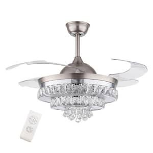 42 in. Integrated LED Silver Modern Indoor Crystal Decor Shade ABS Retractable Blades Ceiling Fan with Remote Control