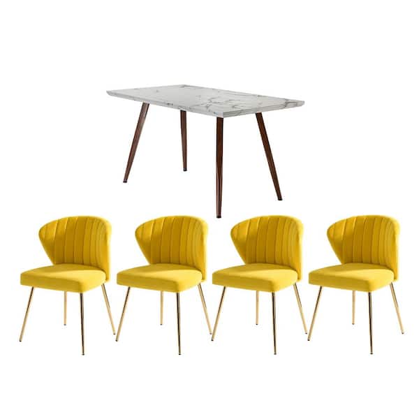 JAYDEN CREATION Olinto Yellow 5-Piece Dining Set with Marble Desk