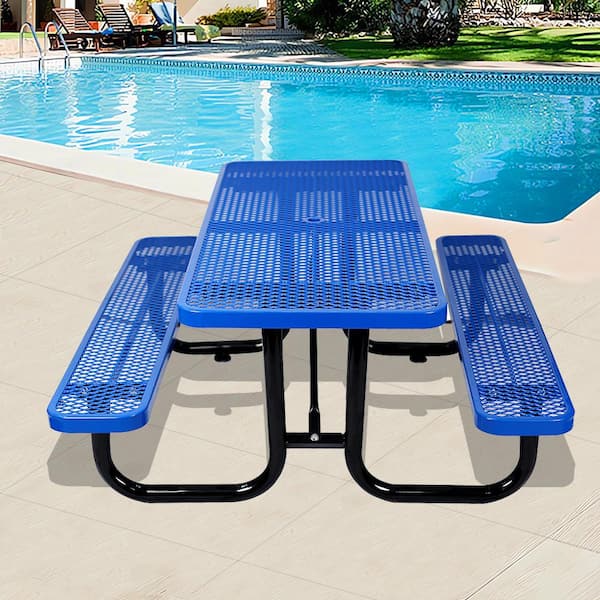 Cesicia 6 ft. Blue Rectangular Outdoor Steel Picnic Table with Seat and Umbrella Pole