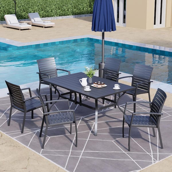 Black Rectangular Metal Outdoor Dining Table with Umbrella Hole