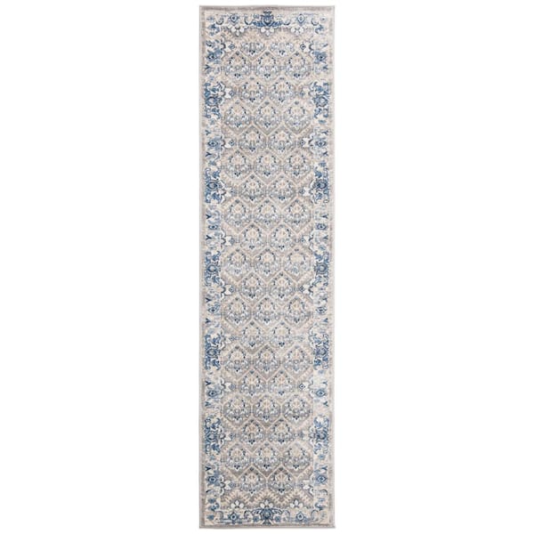 Brentwood 2 ft. x 18 ft. Light Gray/Blue Border Geometric Medallion Runner Rug