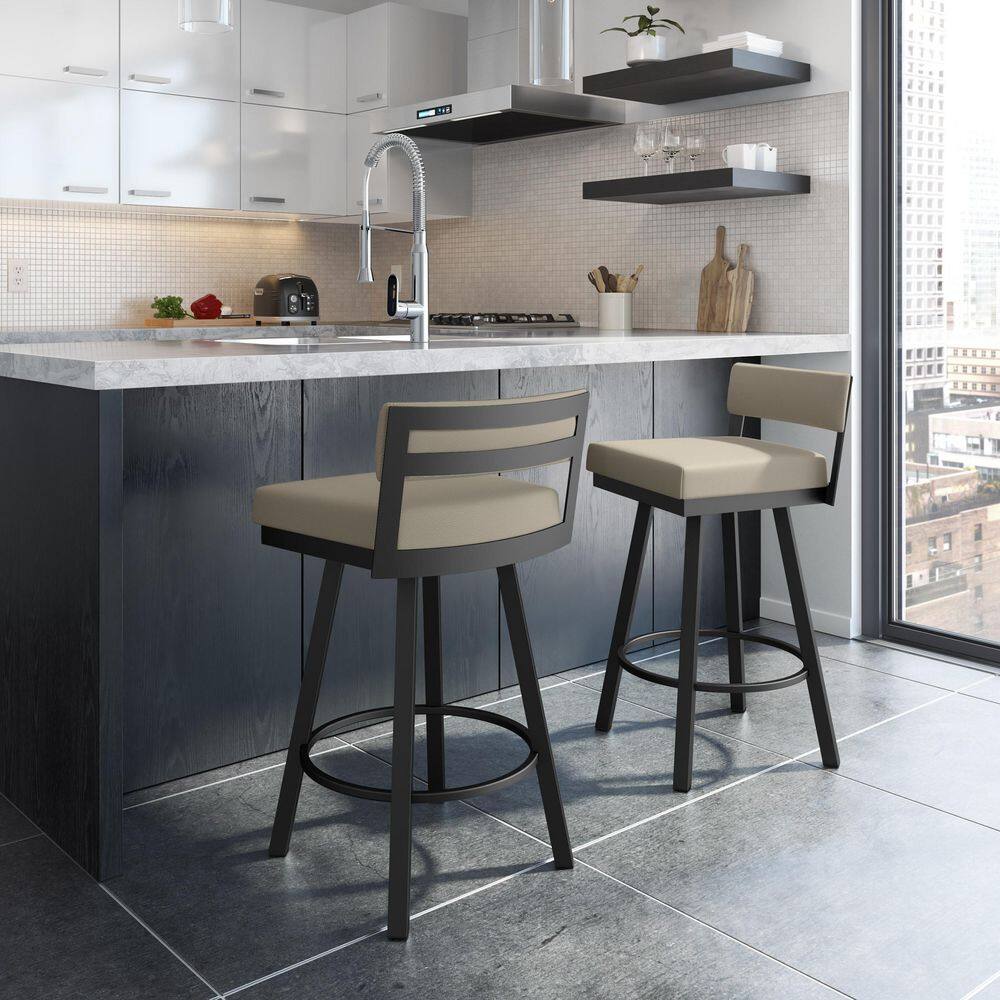 Greige Faux Leather Swivel Barstool with Black Metal Base