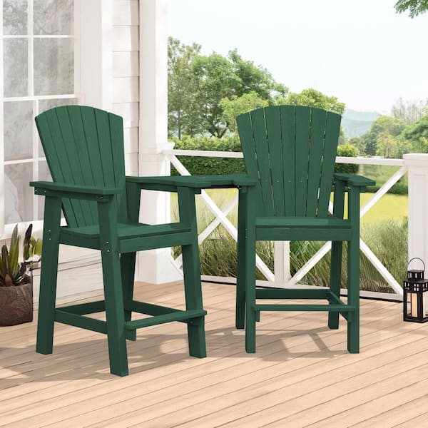 JEAREY Balcony Chair Plastic Tall Adirondack Chair (Set of 2) Outdoor Adirondack Barstools with Connecting Tray in Green