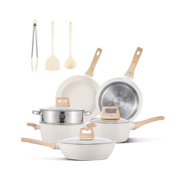 12-Piece Ceramic Nonstick Cookware Set Granite Coated Pots and Pans with Lids 9.5 11 in Fry Pans Steamer and Utensils