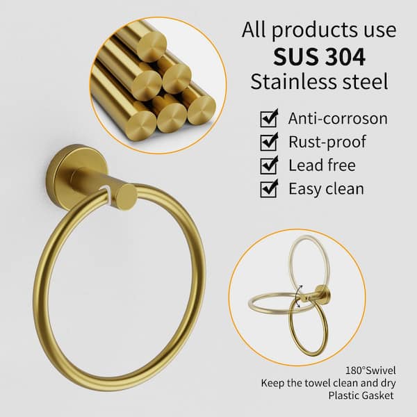7-Piece Round Bath Hardware Set with Towel Bar, Toilet Paper Holder, Towel Ring and Towel Hooks in Brushed Gold