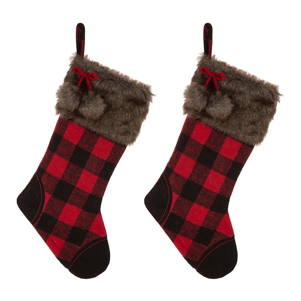 Glitzhome 21 in. H Fur Black/Red Buffalo Plaid Polyester Christmas Stocking (2-Pack)