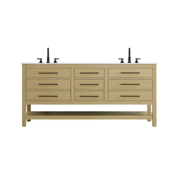 72 in. Double Sink Honey Brown Bath Vanity with White Engineered Marble Top
